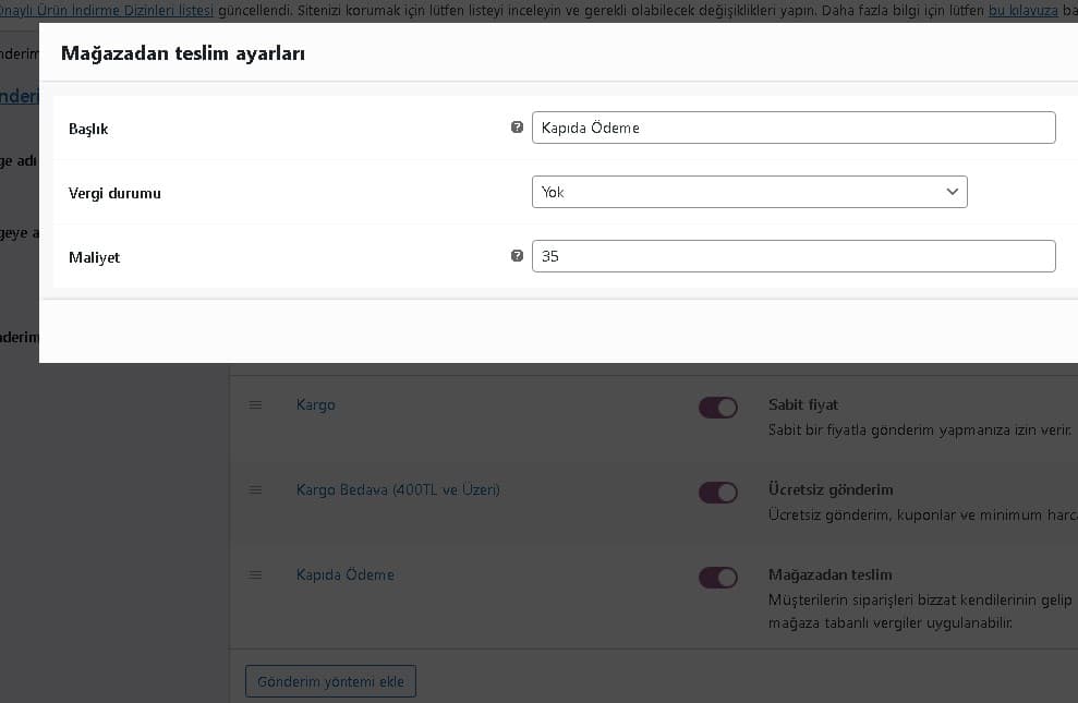 Woocommerce Kapıda Ödeme Ayarları 3 1 magaza teslim